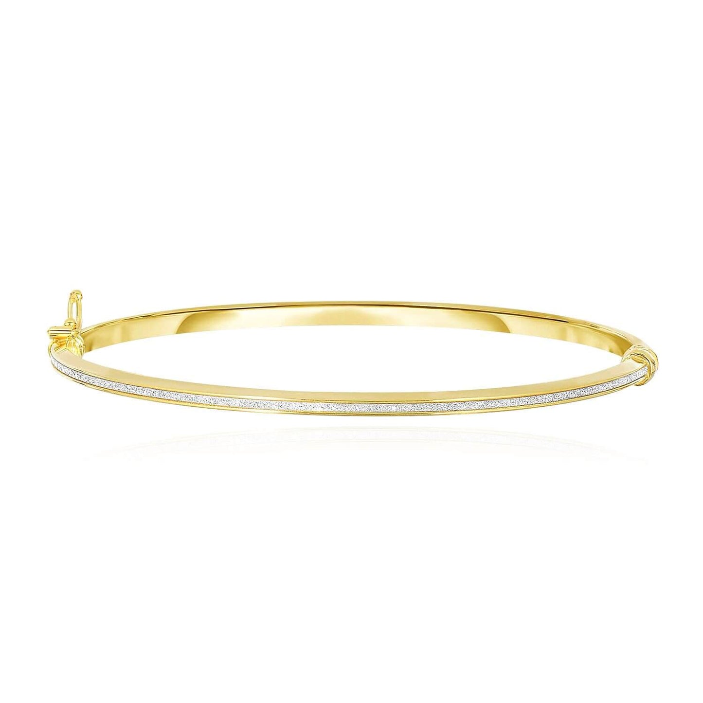 14K Yellow Gold Rose White 3mm White Glitter Stripe Shiny Bangle With Side Clasp 7.25"