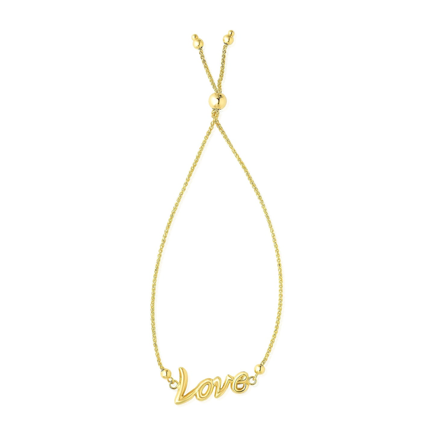 14K Gold Yellow Wheat Shiny "Love" Center Adjustable Bolo Bracelet 7"-9.25"