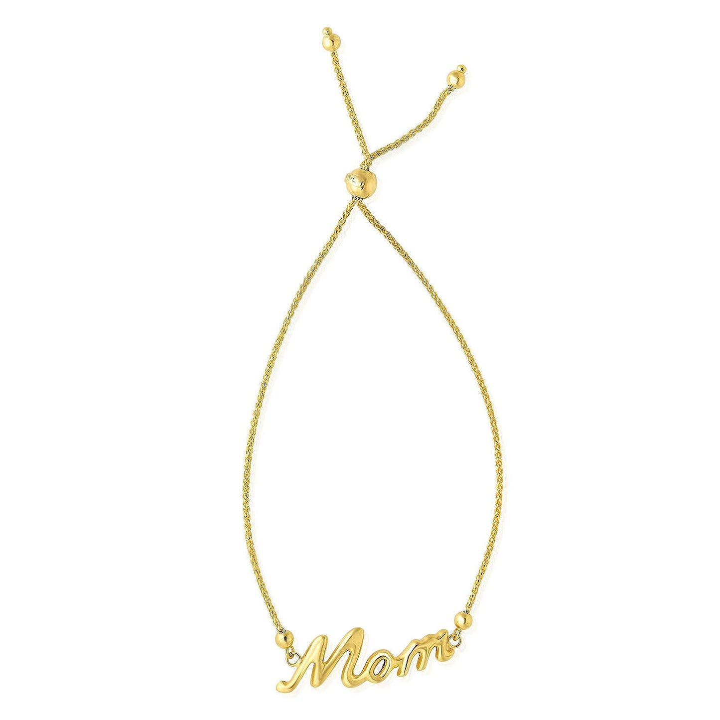 14K Yellow Gold Wheat Shiny "Mom" Center Bolo Bracelet 7"- 9.25" Adjustable
