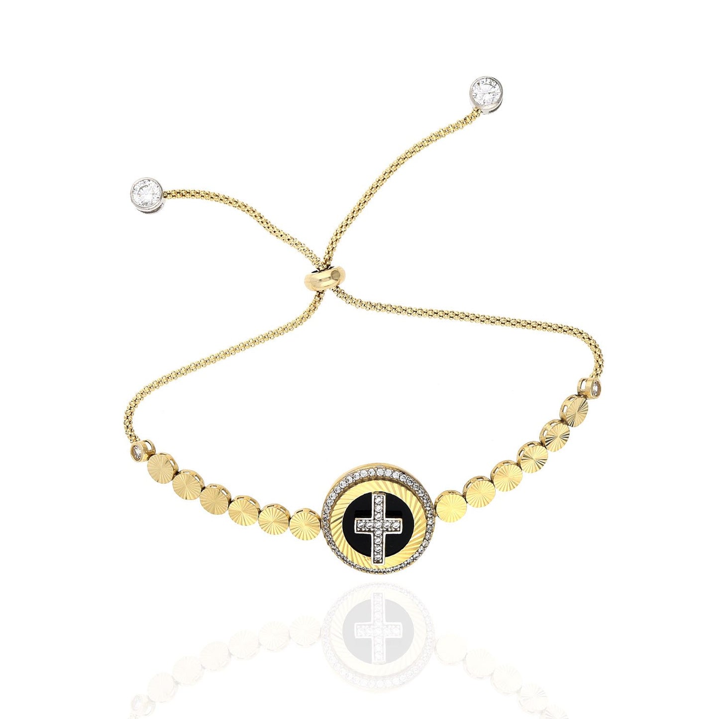 10K Gold Yellow Black Onyx Created Diamond Cross Adjustable Bolo Bracelet