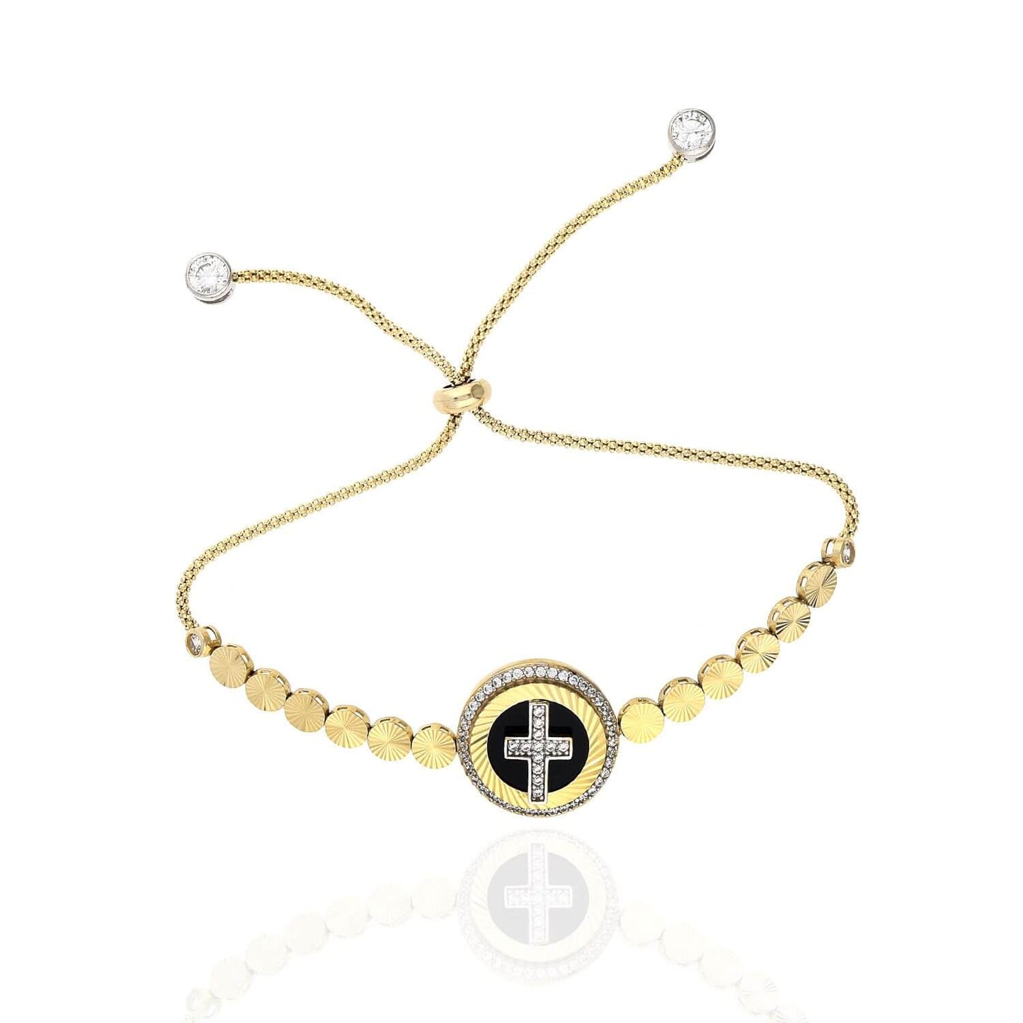 10K Yellow Gold Black Onyx CZ Cross Bolo Bracelet (Hollow) 5"-10" Adjustable