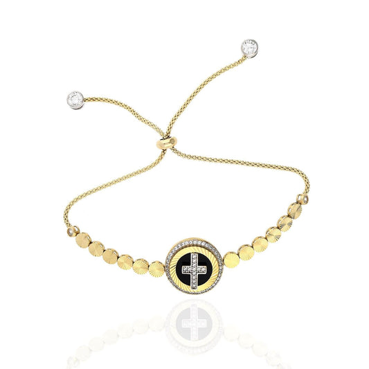 10K Yellow Gold Black Onyx CZ Cross Bolo Bracelet (Hollow) 5"-10" Adjustable