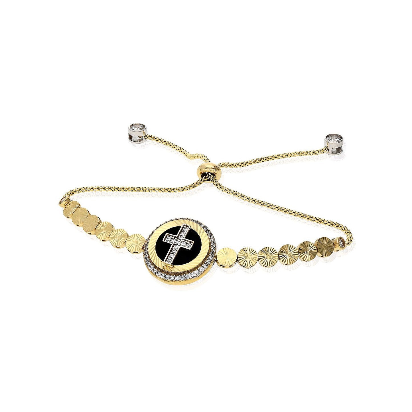 10K Gold Yellow Black Onyx Created Diamond Cross Adjustable Bolo Bracelet