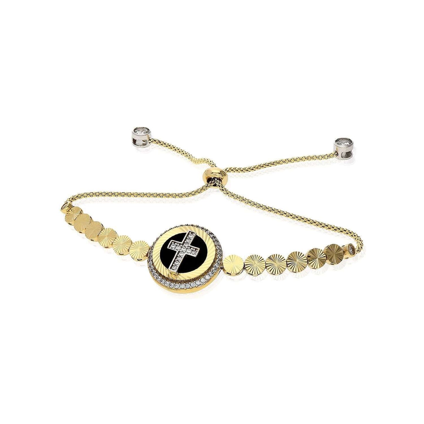 10K Yellow Gold Black Onyx CZ Cross Bolo Bracelet (Hollow) 5"-10" Adjustable