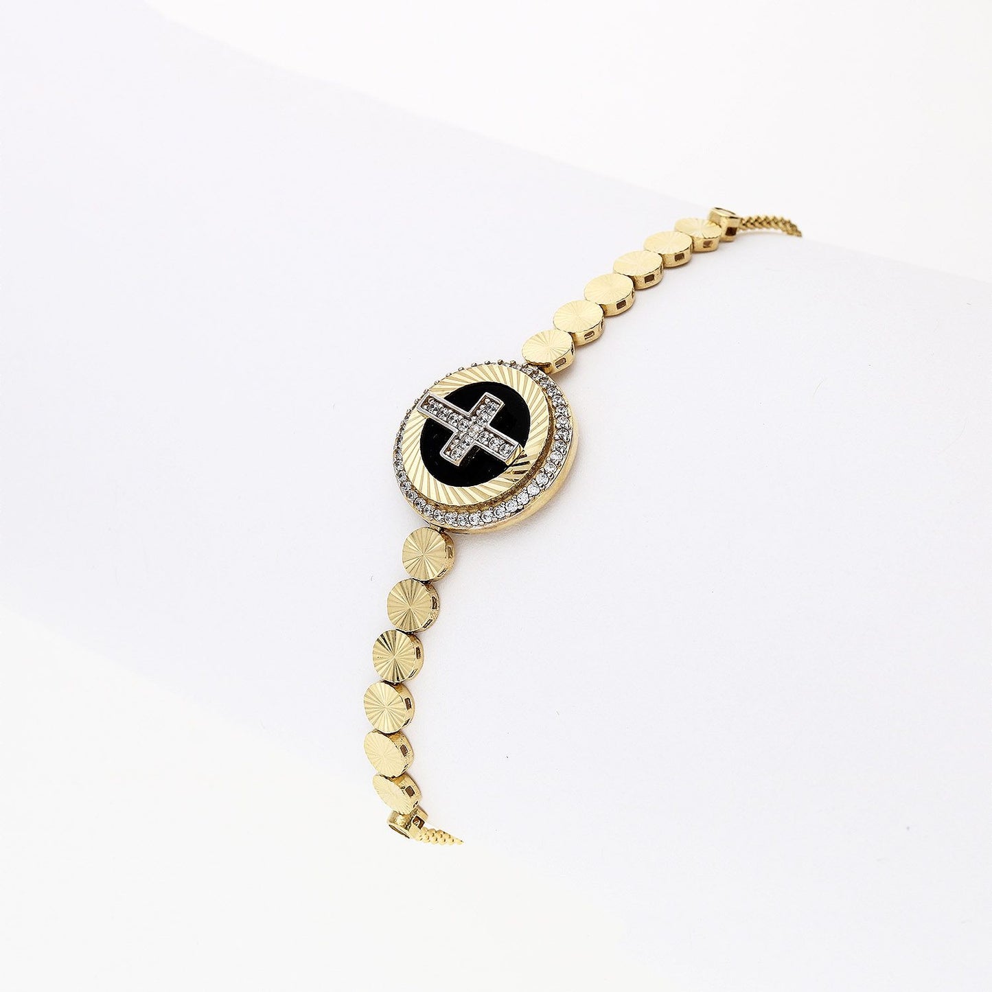 10K Gold Yellow Black Onyx Created Diamond Cross Adjustable Bolo Bracelet
