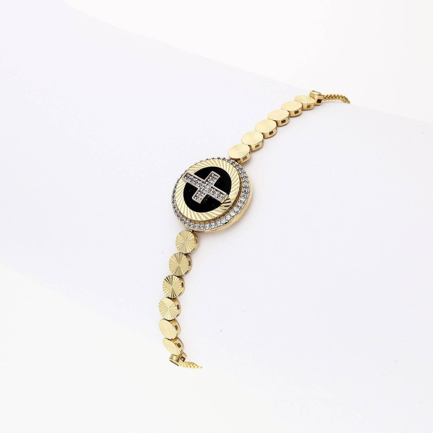 10K Yellow Gold Black Onyx CZ Cross Bolo Bracelet (Hollow) 5"-10" Adjustable