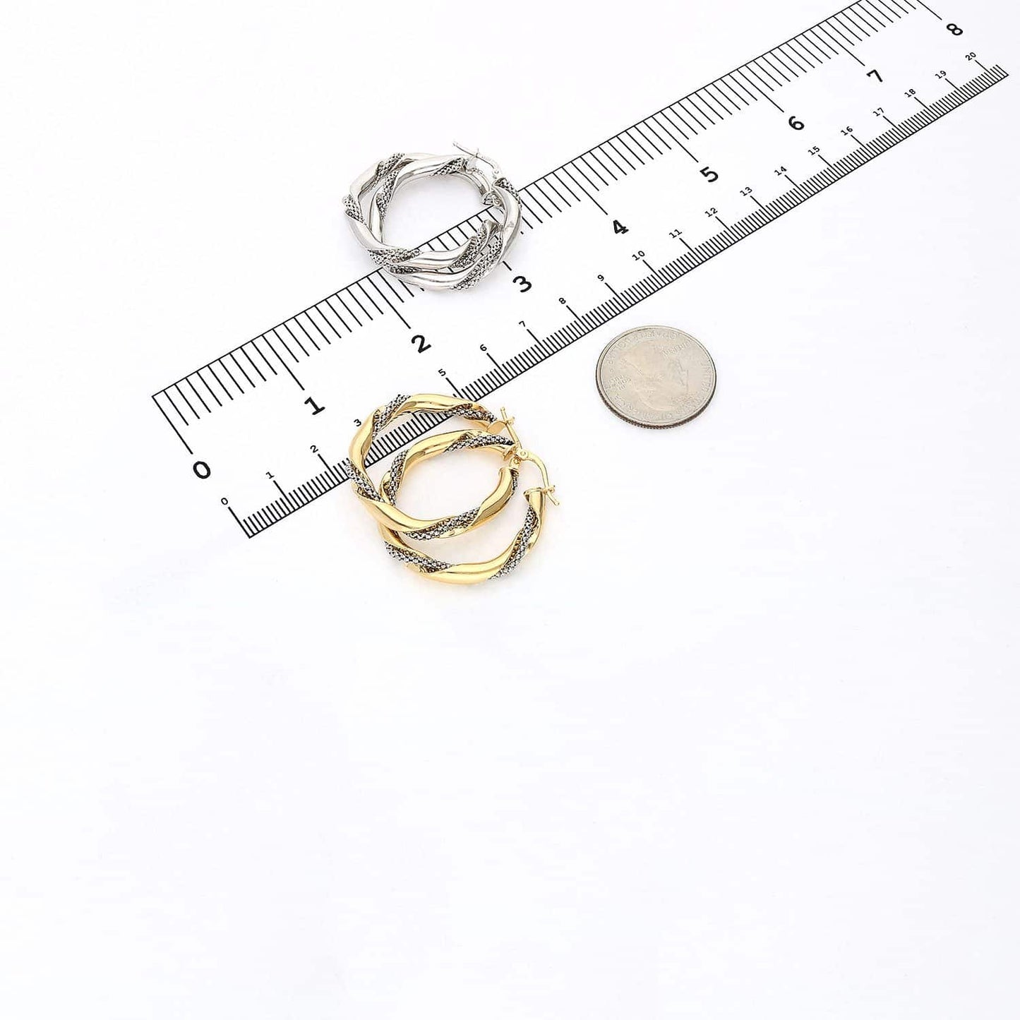 Yellow White Gold Over Sterling Silver Twisted Popcorn Shiny Hoop Earrings 33mm