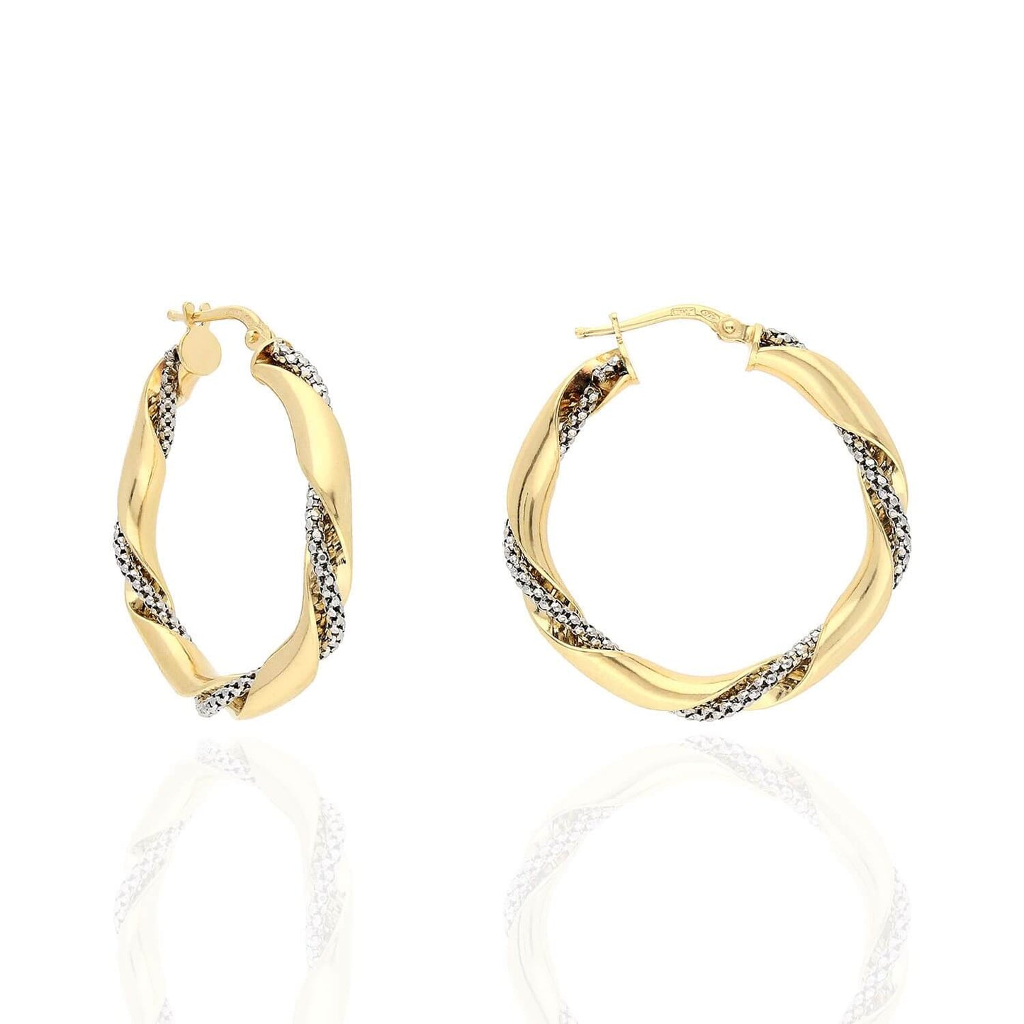 Yellow White Gold Over Sterling Silver Twisted Popcorn Shiny Hoop Earrings 33mm