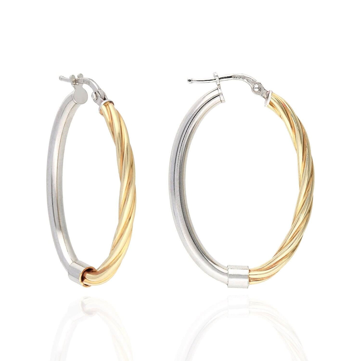 Yellow White Gold Over 925 Silver Shiny Half Twisted Oval Hoop Earrings
