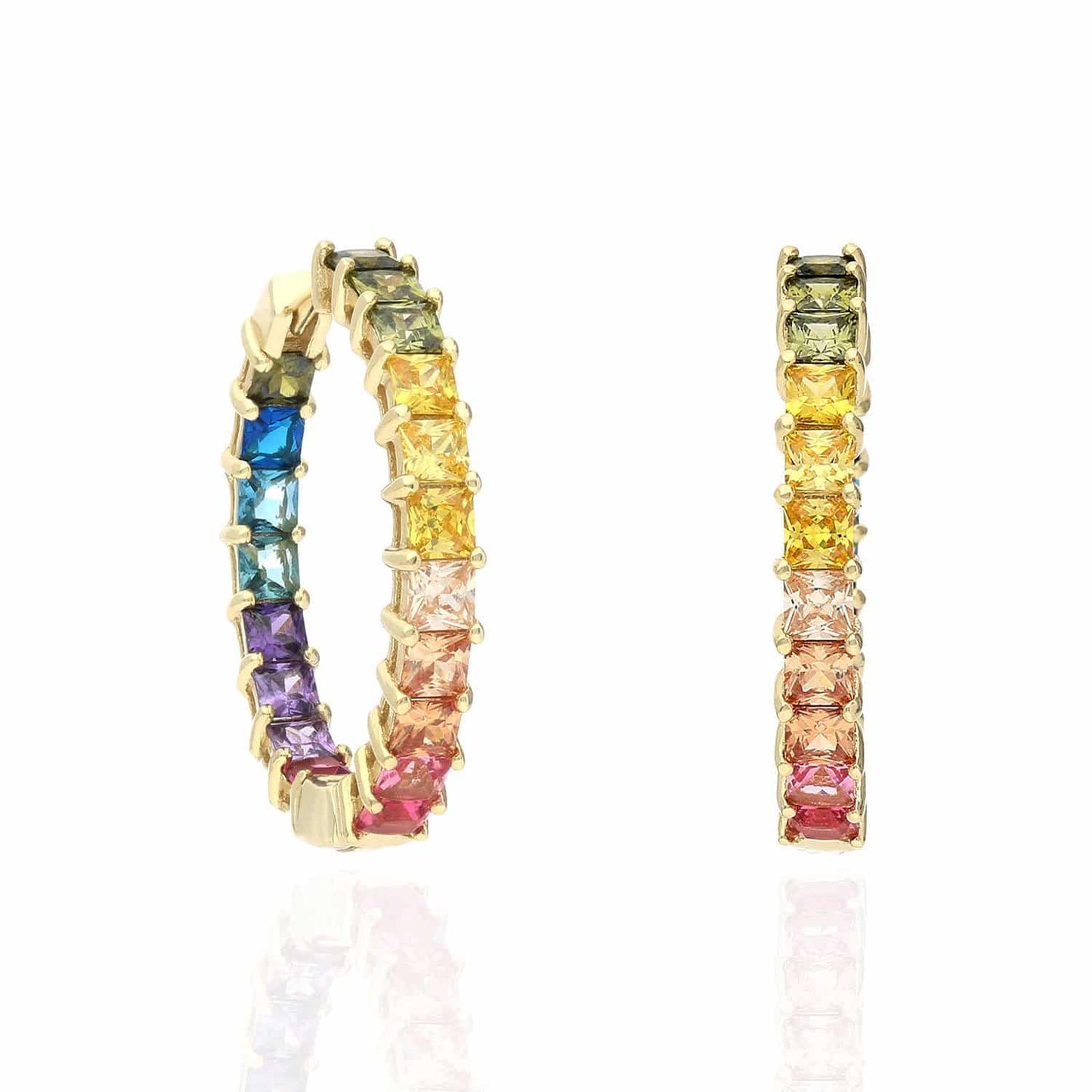 Yellow Gold Over 925 Silver Princess Cut Rainbow Colorful Hoop Earrings 28mm
