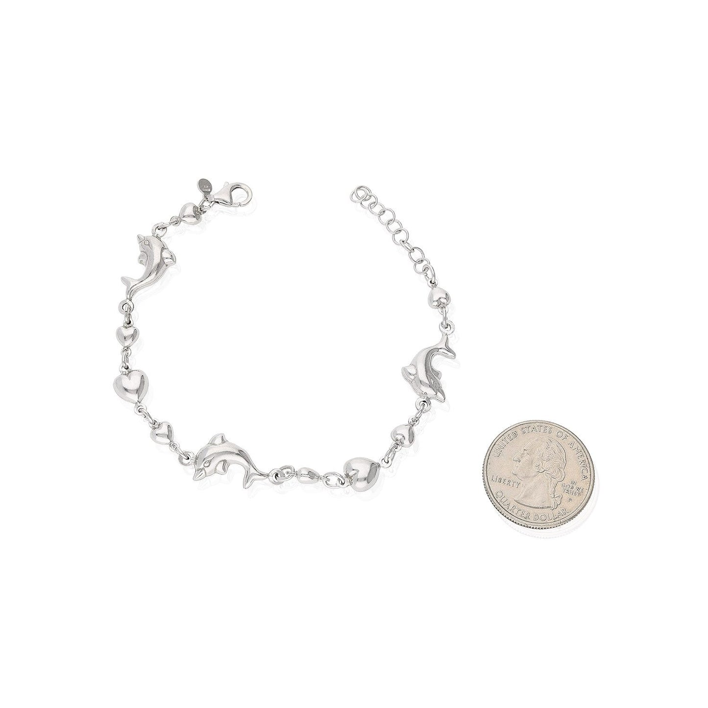 925 Sterling Silver Shiny Puffed Dolphin And Heart Adjustable Bracelet 7"-8.5"