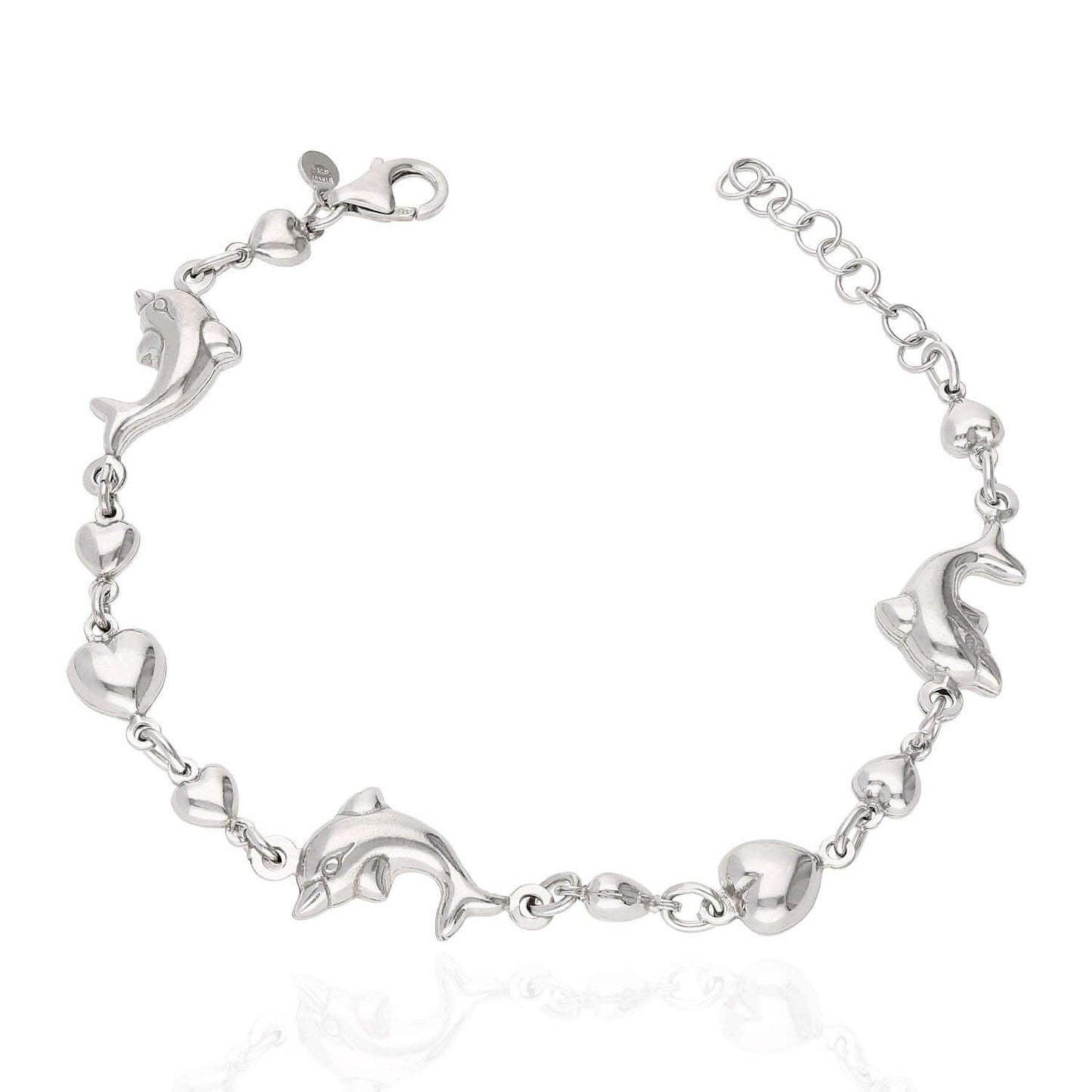 Sterling Silver Shiny Puffed Dolphin And Heart Bracelet 7"-8.5" Adjustable