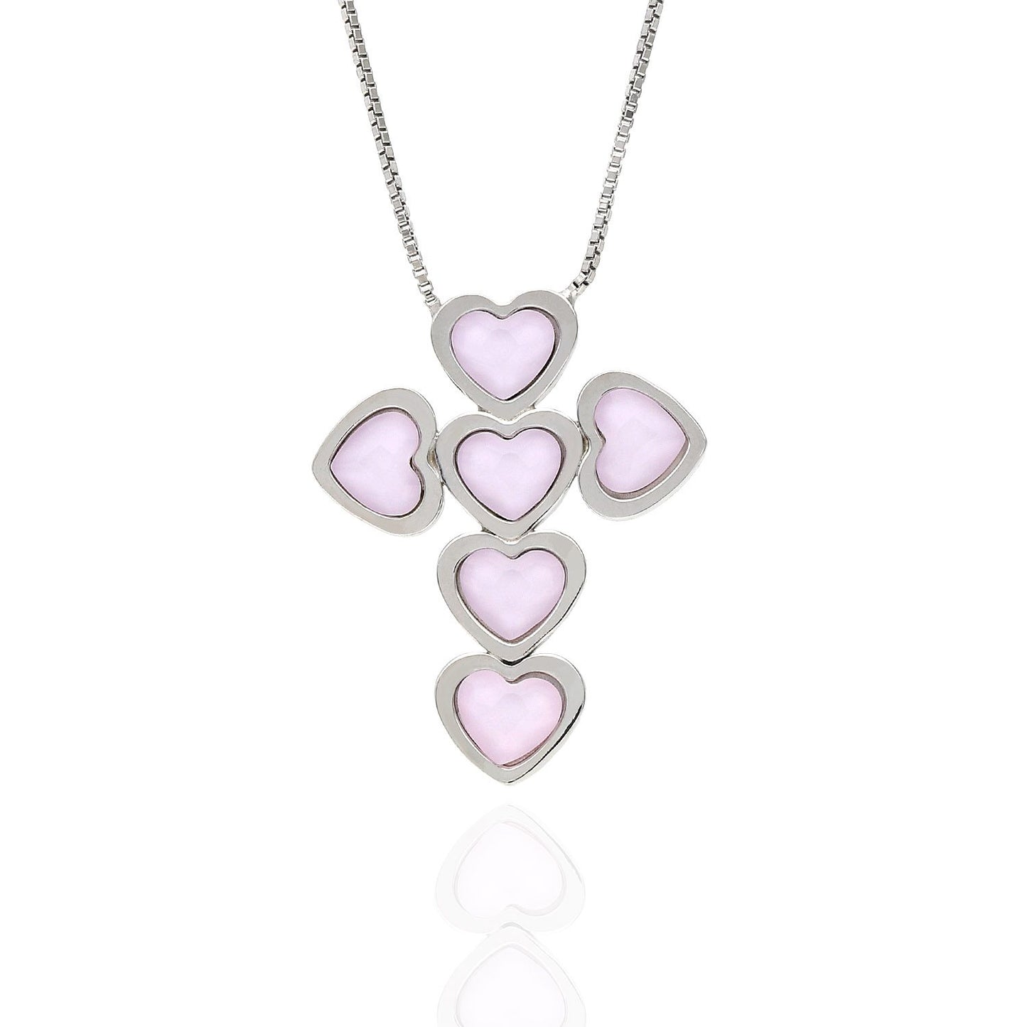 925 Sterling Silver Box Chain 18" Heart Green Pink Opal Cross Pendant 1.1"