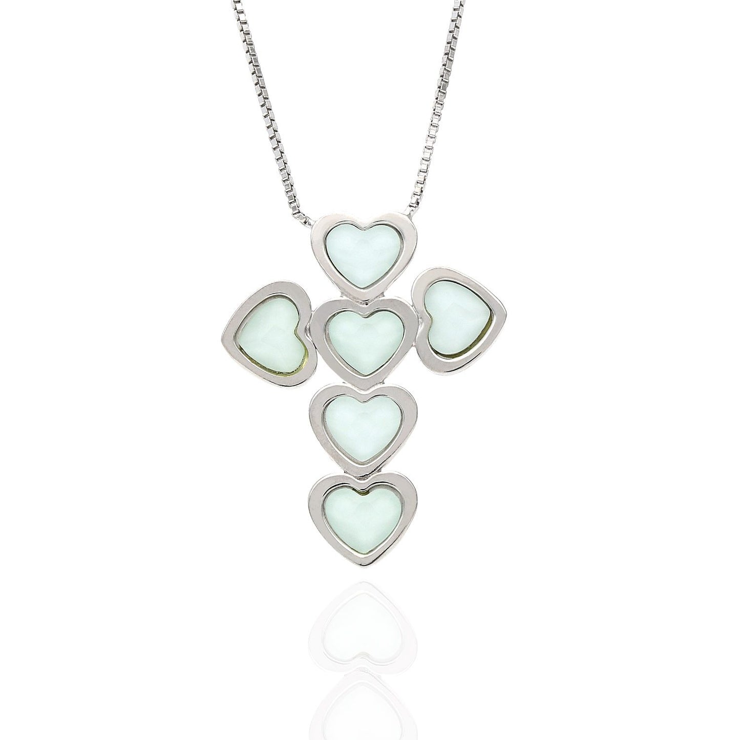 925 Sterling Silver Box Chain 18" Heart Green Pink Opal Cross Pendant 1.1"