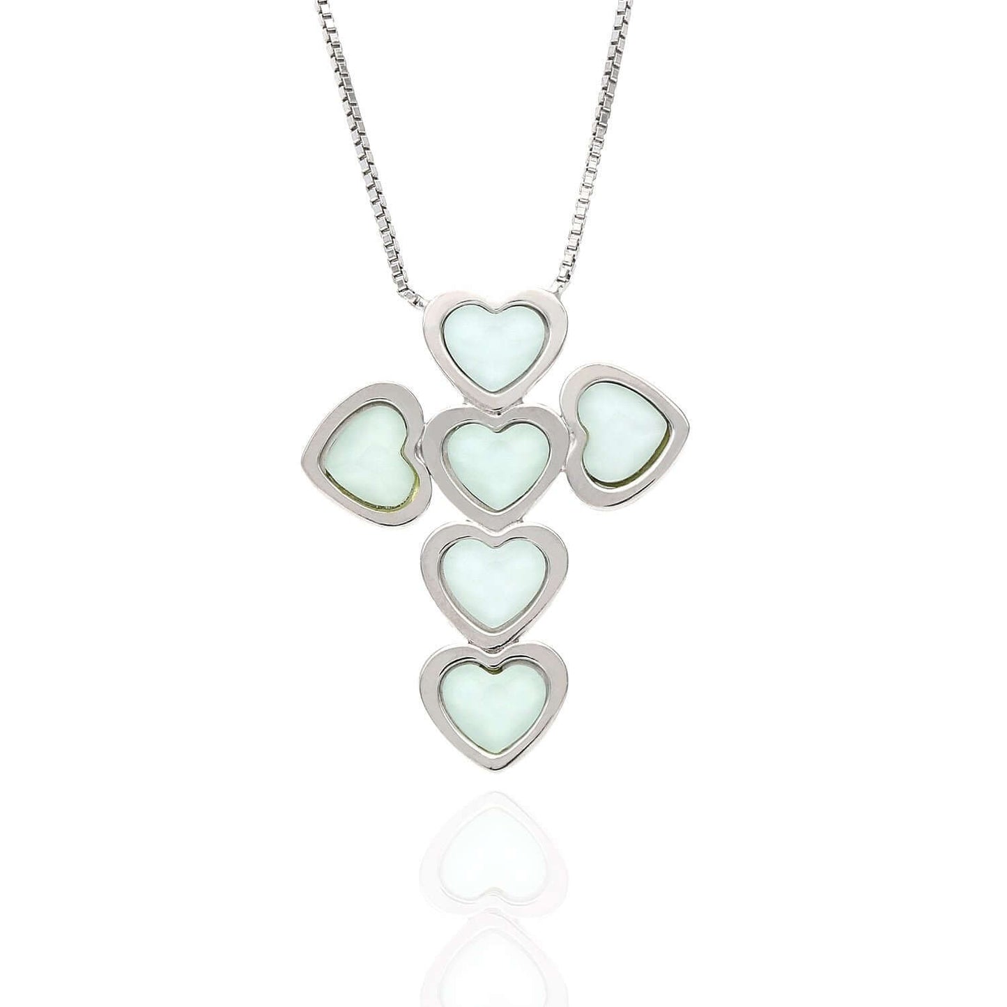 Sterling Silver Box Heart Green Pink Opal Cross Necklace 18"