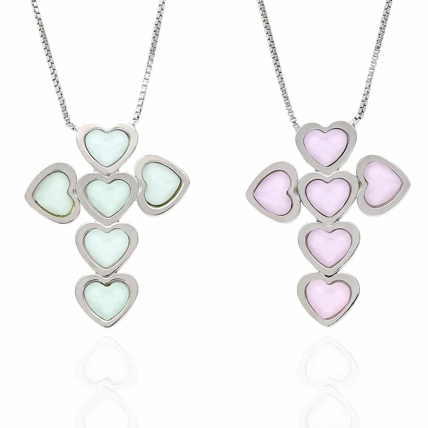 925 Sterling Silver Box Chain 18" Heart Green Pink Opal Cross Pendant 1.1"