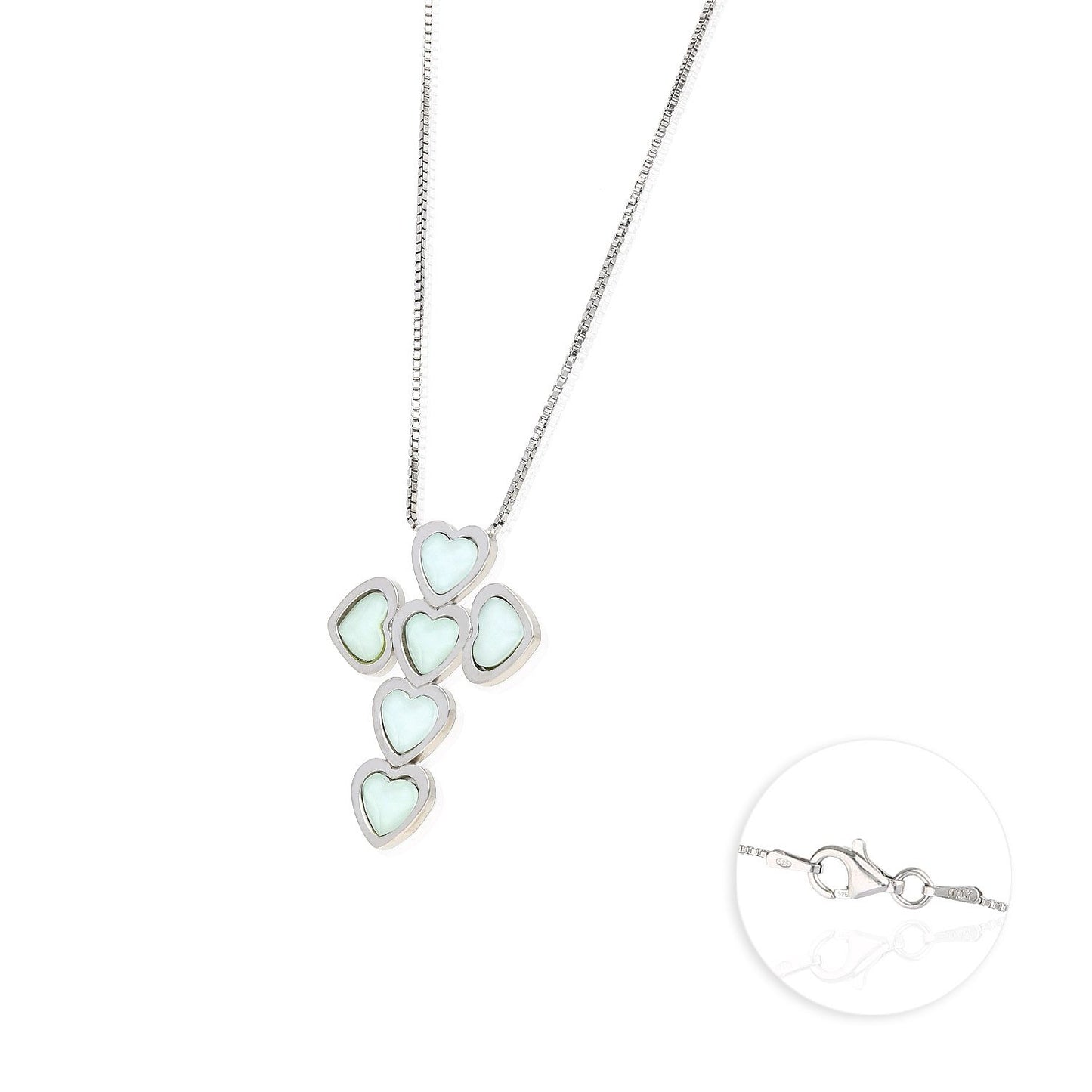 925 Sterling Silver Box Chain 18" Heart Green Pink Opal Cross Pendant 1.1"