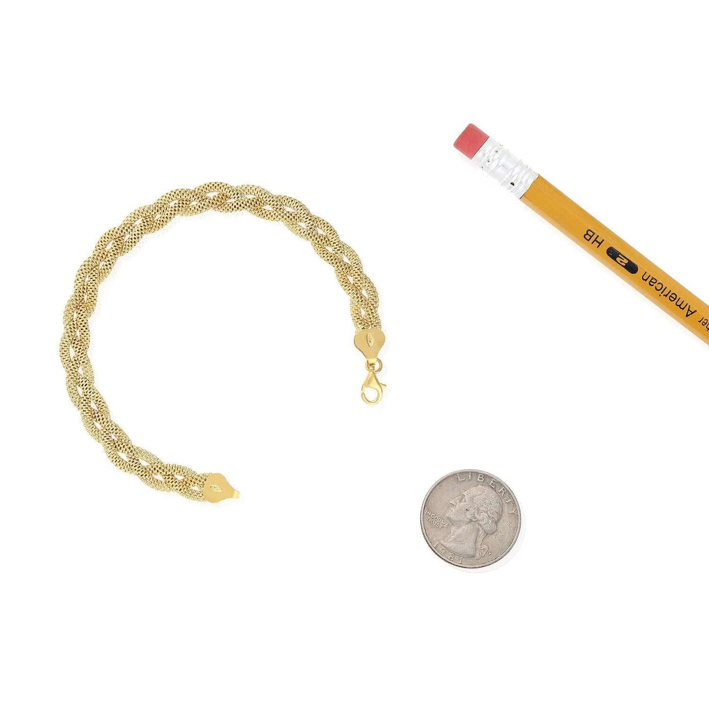 Yellow White Rose Gold Tone Sterling Silver 7.5mm Braided Mesh Bracelet 7.25"