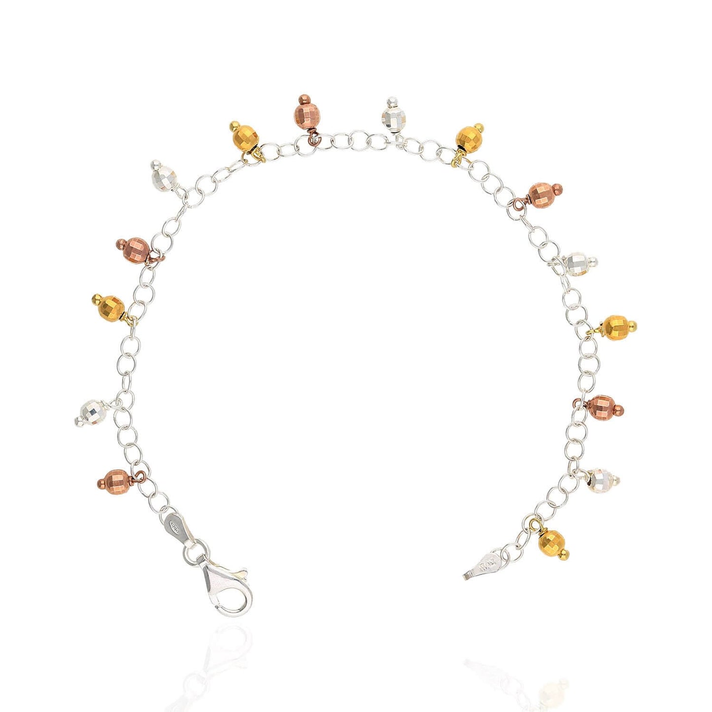 Sterling Silver Yellow Rose White Gold Tone Diamond-Cut Dangle Beds Bracelet 7.5"