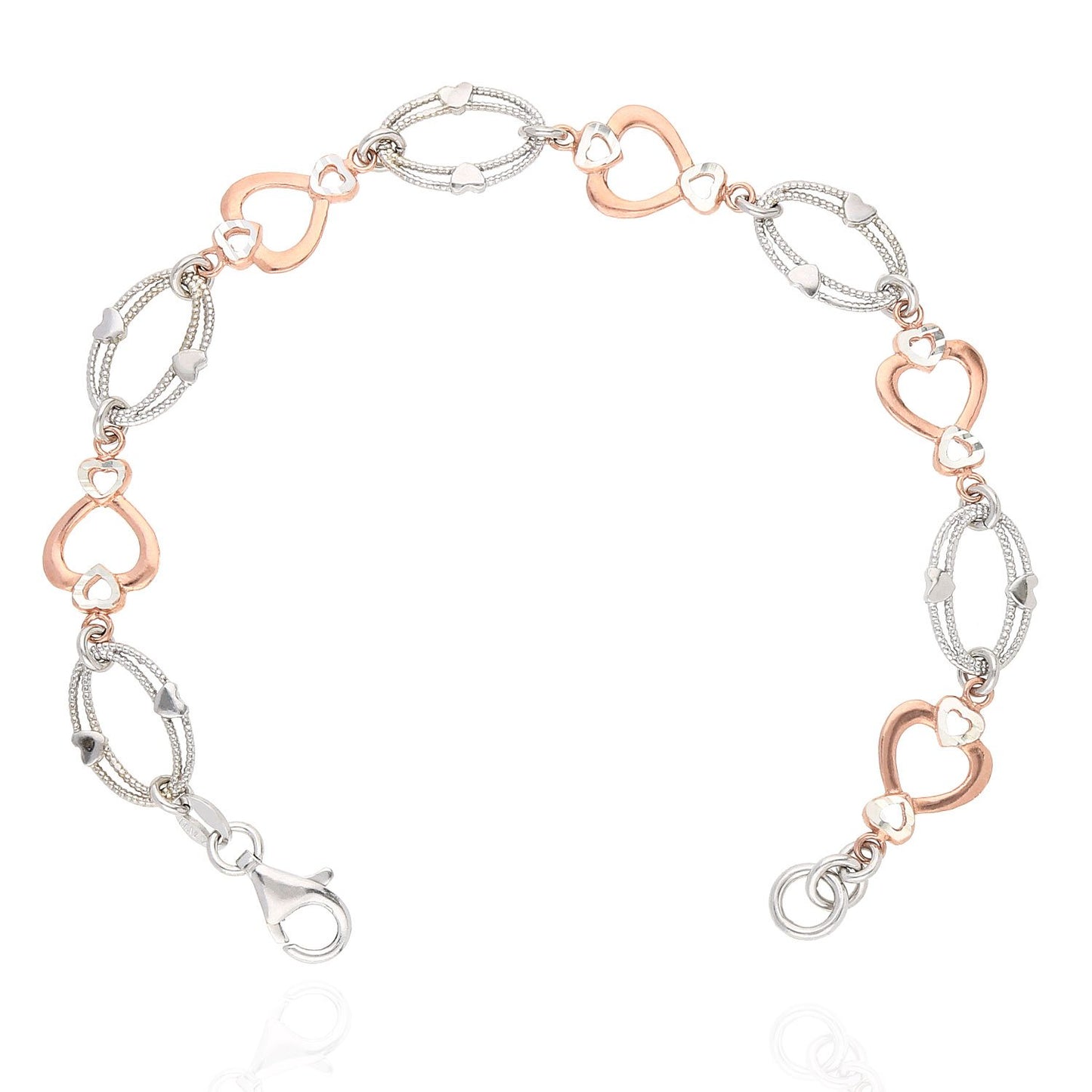 Yellow Rose Gold Two-Tone Over 925 Silver Heart And Oval Bracelet 7.25"