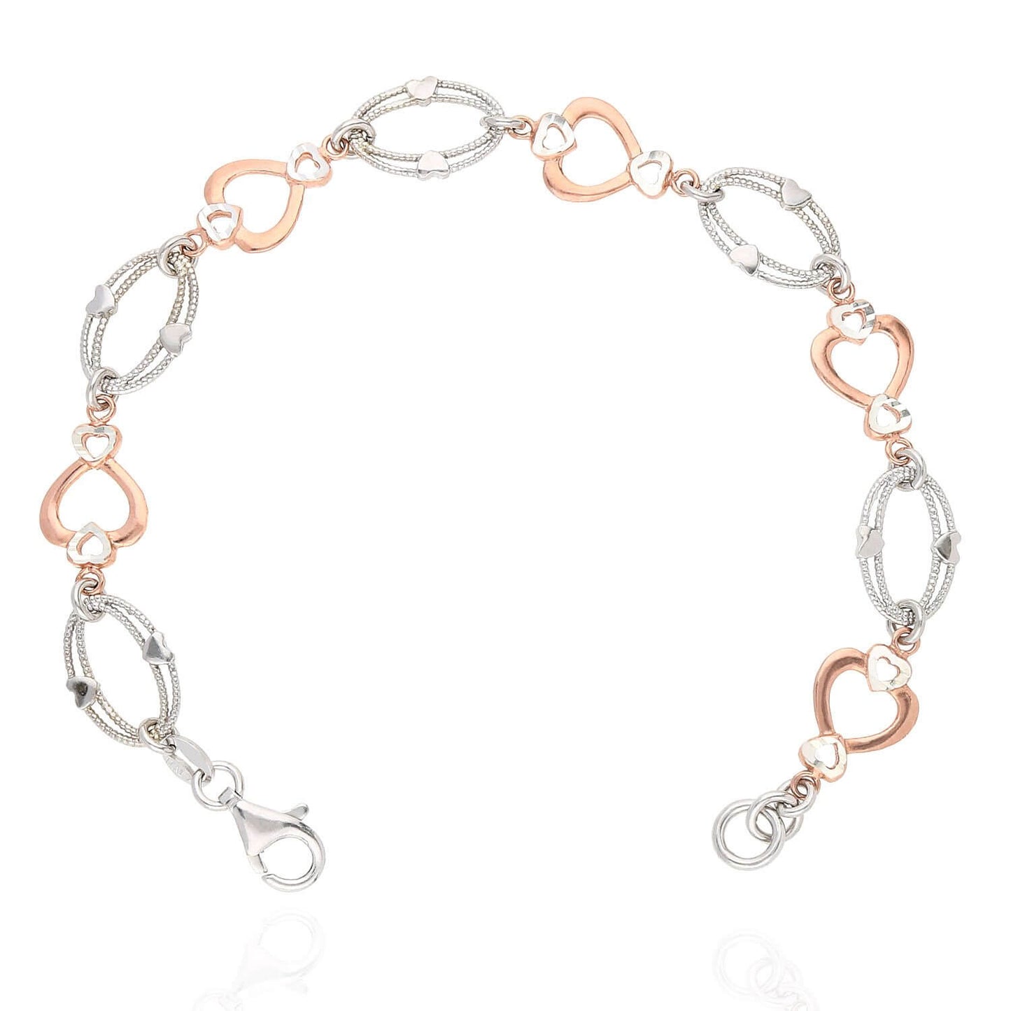 Yellow Rose Gold Two-Tone Over Sterling Silver Heart And Oval Bracelet 7.25"