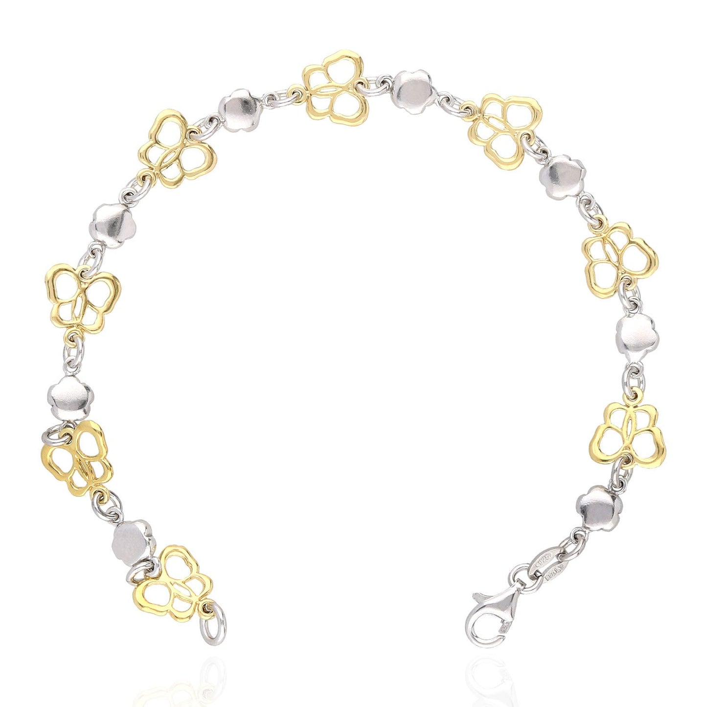 Yellow White Gold Tone Over 925 Silver Flower And Butterfly Bracelet 7.5"