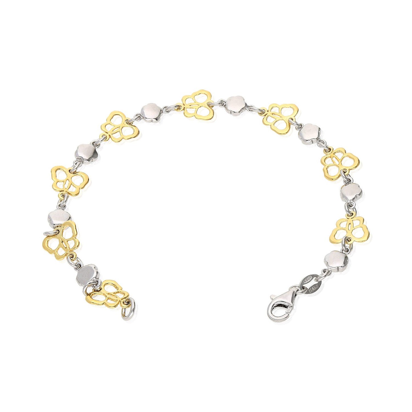 Yellow White Gold Tone Over 925 Silver Flower And Butterfly Bracelet 7.5"