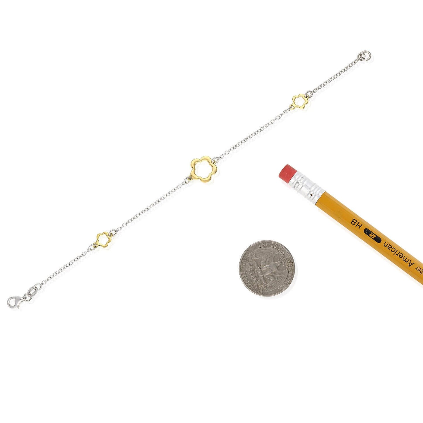 Gold Over Sterling Silver Open Flower Charm Station Cable Bracelet (Solid Links) 7.5"