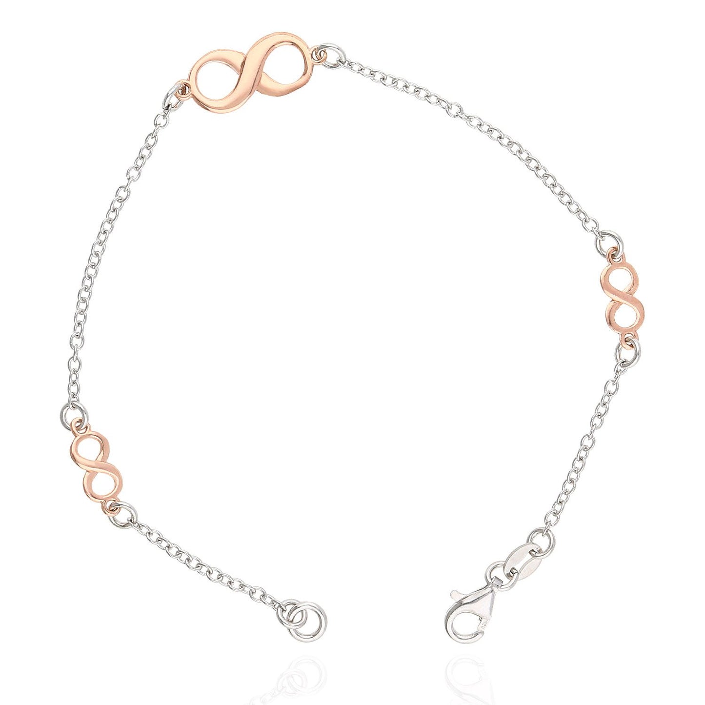 925 Sterling Silver Rose Gold Tone Triple Infinity Bracelet 7.5"