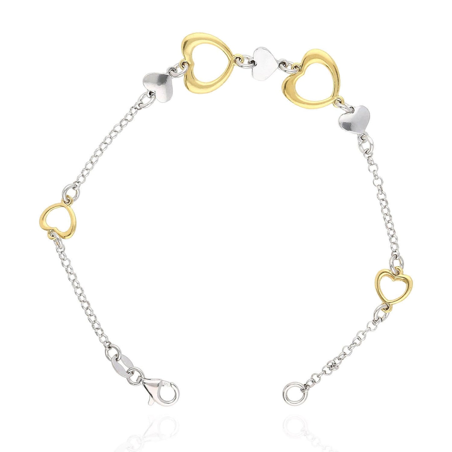 Sterling Silver Gold Open Hearts Cable Bracelet 7.5"