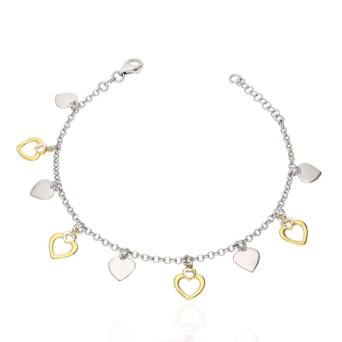 Yellow, White Gold Over Sterling Silver Heart Charm Bracelet 7.5"-8.5" Adjustable