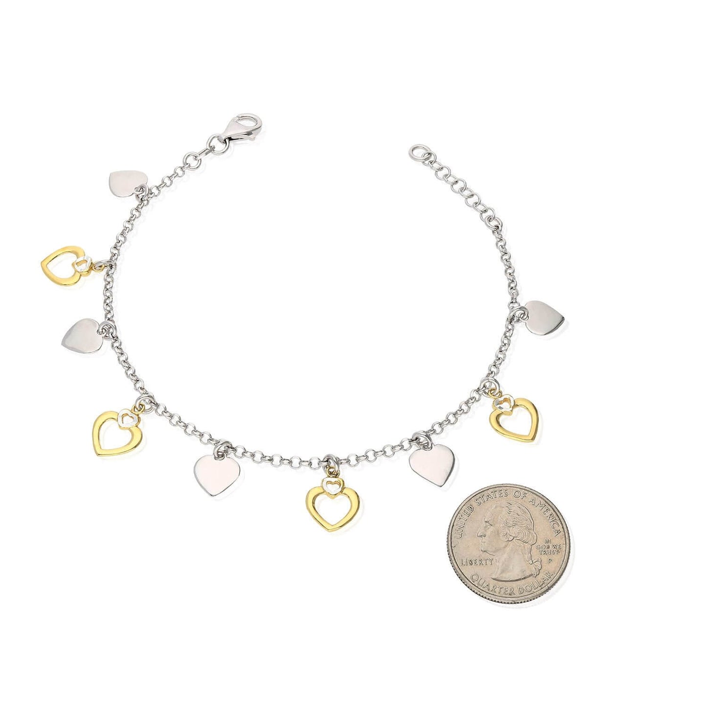 Yellow, White Gold Over Sterling Silver Heart Charm Bracelet 7.5"-8.5" Adjustable