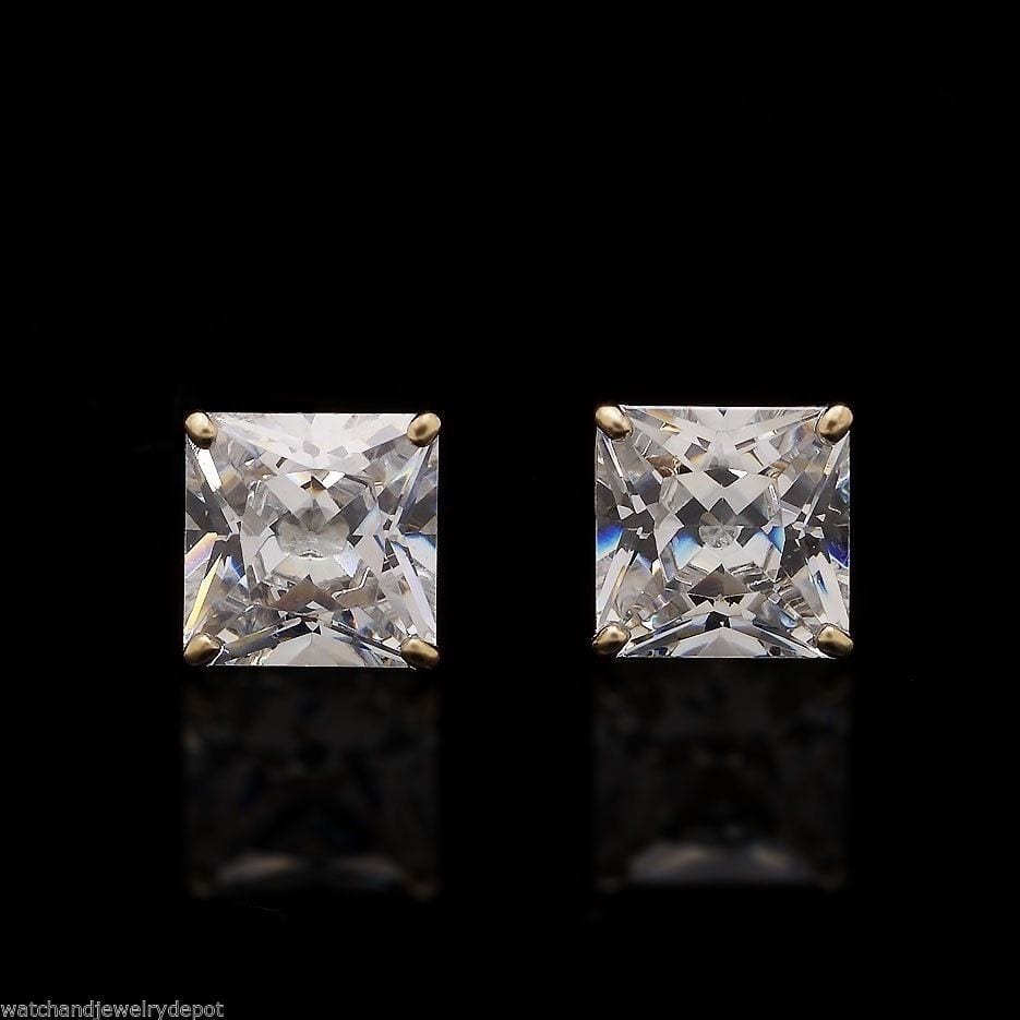 2Ct CZ Princess Cut 14K Solid Yellow Gold Stud Earrings 6mm