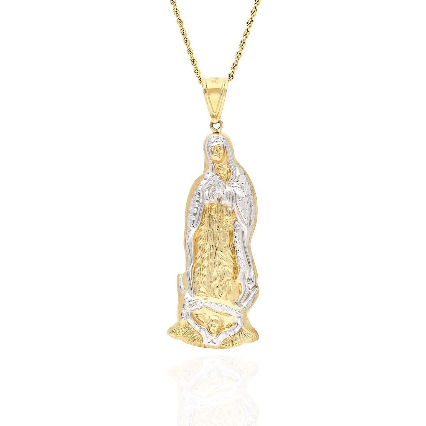 10K Yellow Gold Diamond Cut Our Lady Of Guadalupe Virgin Mary Charm Pendant 3"