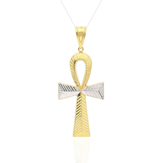 10K Two-Tone Yellow White Gold Diamond-Cut Egyptian Ankh Cross Pendant