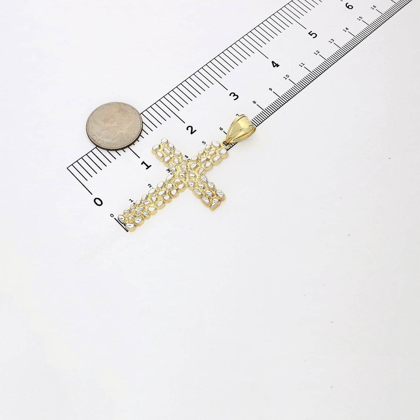 10K Real Gold White Diamond-Cut Nugget Cross Pendant