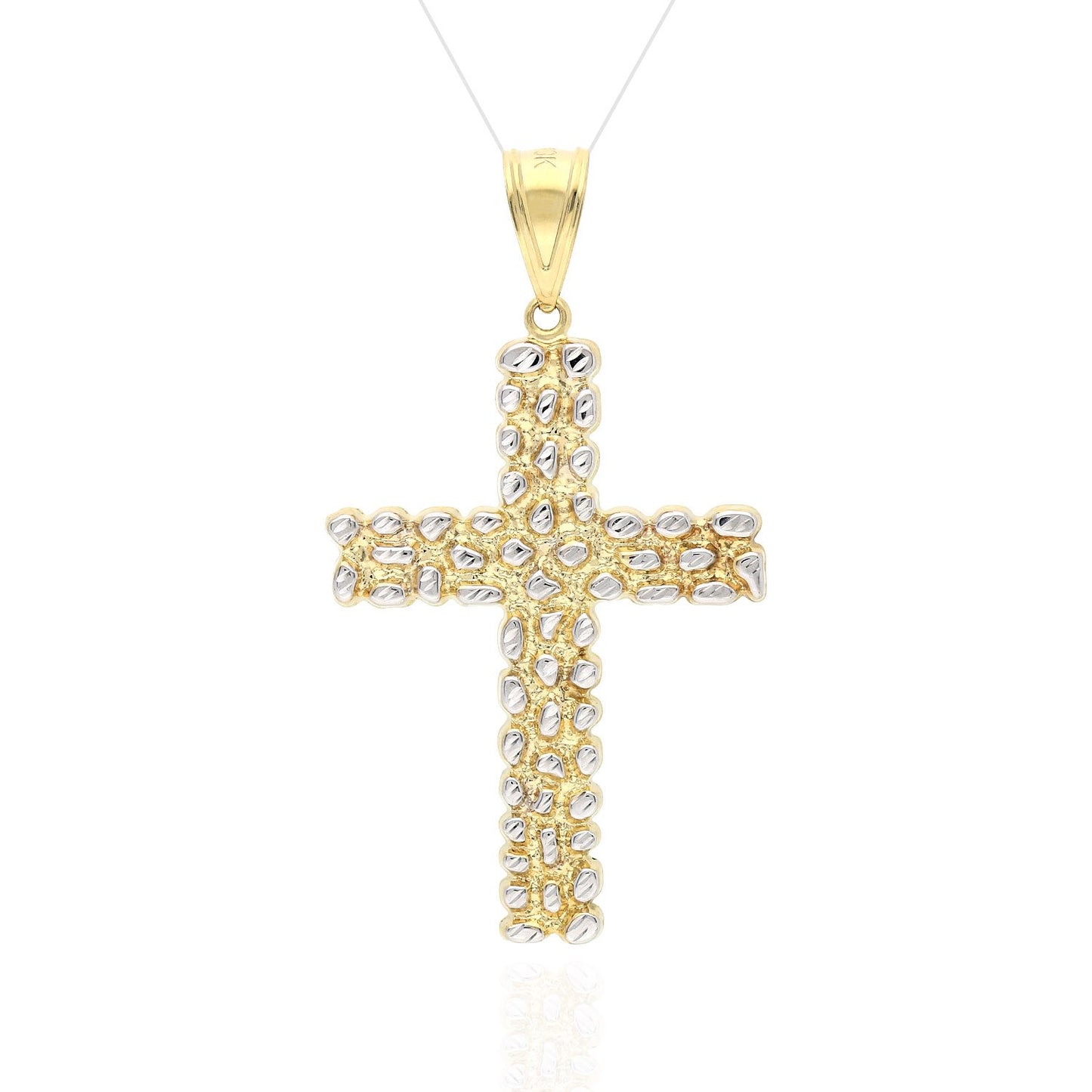 10K Real Gold White Diamond-Cut Nugget Cross Pendant