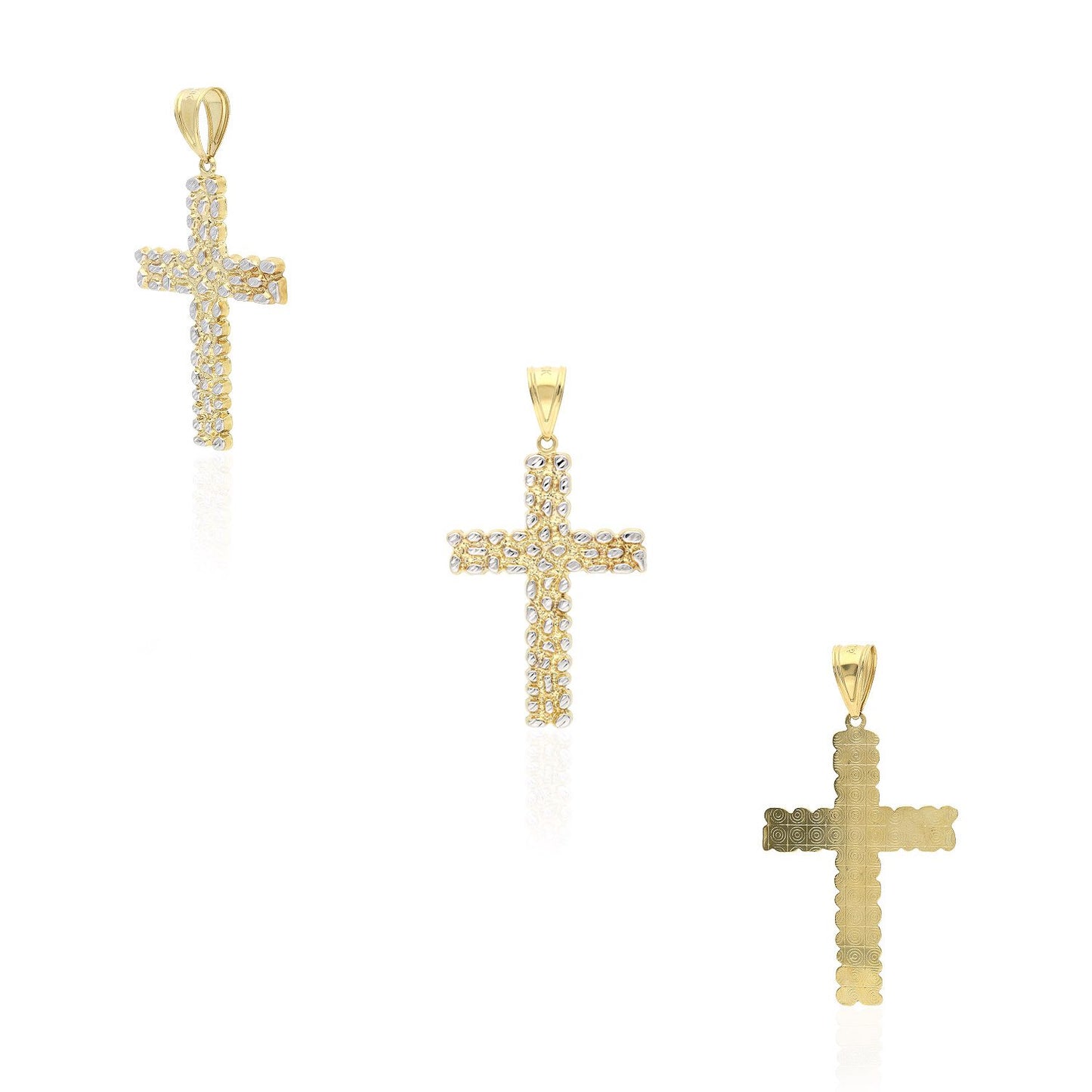 10K Real Gold White Diamond-Cut Nugget Cross Pendant