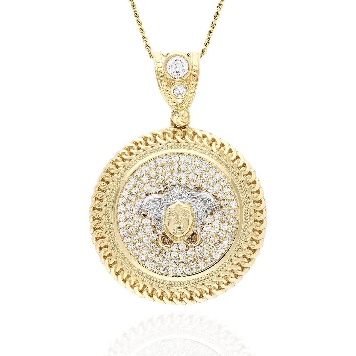 10K Yellow Gold CZ Medusa Miami Bezel Medallion Pendant 1.73"
