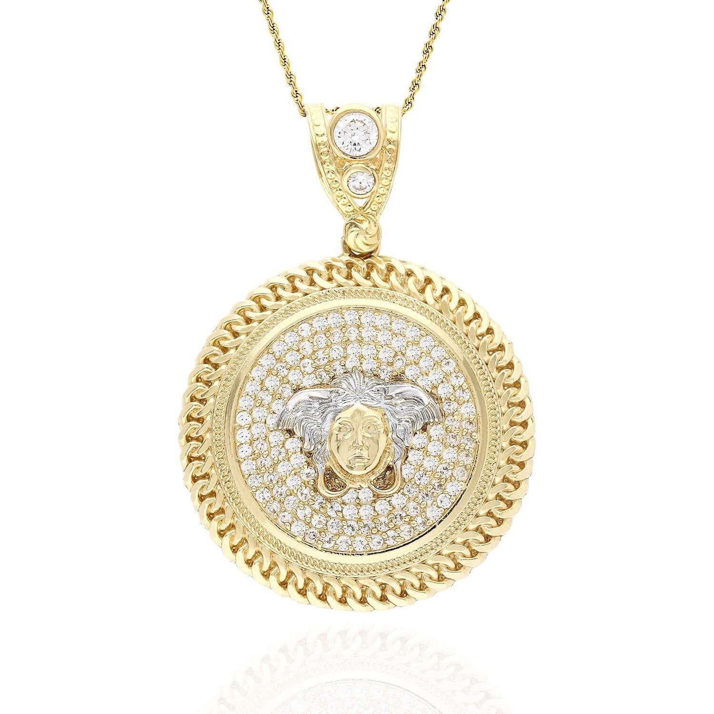 10K Yellow Gold CZ Medusa Miami Bezel Medallion Pendant 1.73"