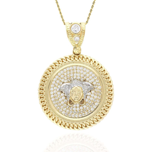 10K Yellow Gold CZ Medusa Miami Bezel Medallion Pendant 1.73"