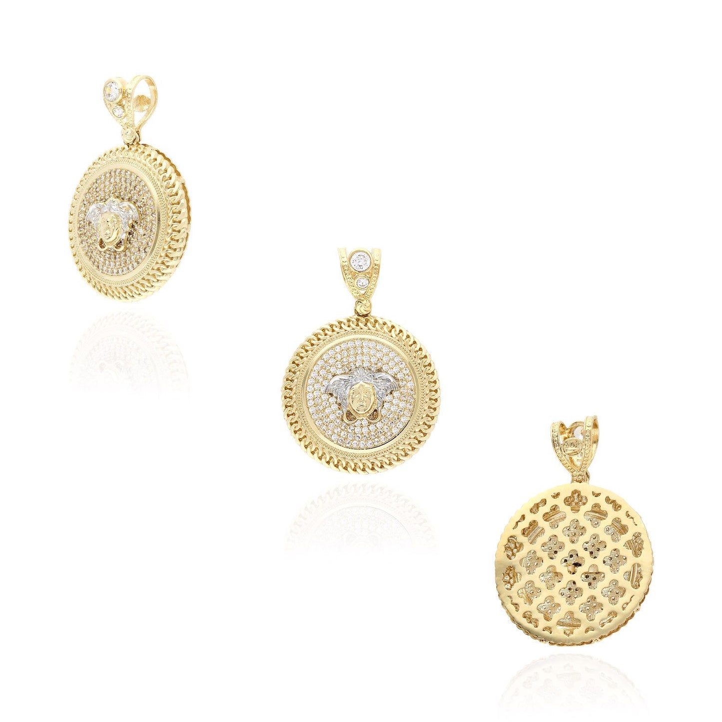 10K Yellow Gold CZ Medusa Miami Bezel Medallion Pendant 1.73"