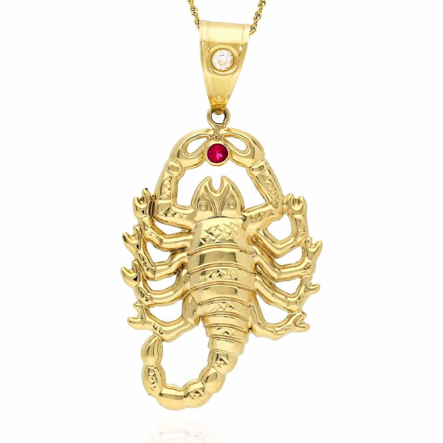 10K Yellow Gold Ruby Diamond Cut Scorpion Zodiac Charm Pendant 2.4"