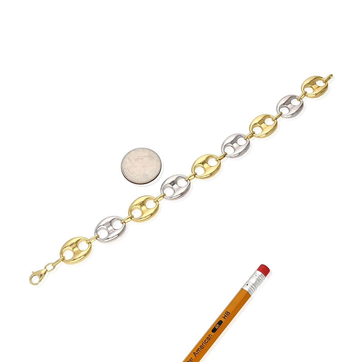 10K Yellow White Gold Two-Tone 15mm Puffed Anchor Mariner Bracelet 9″