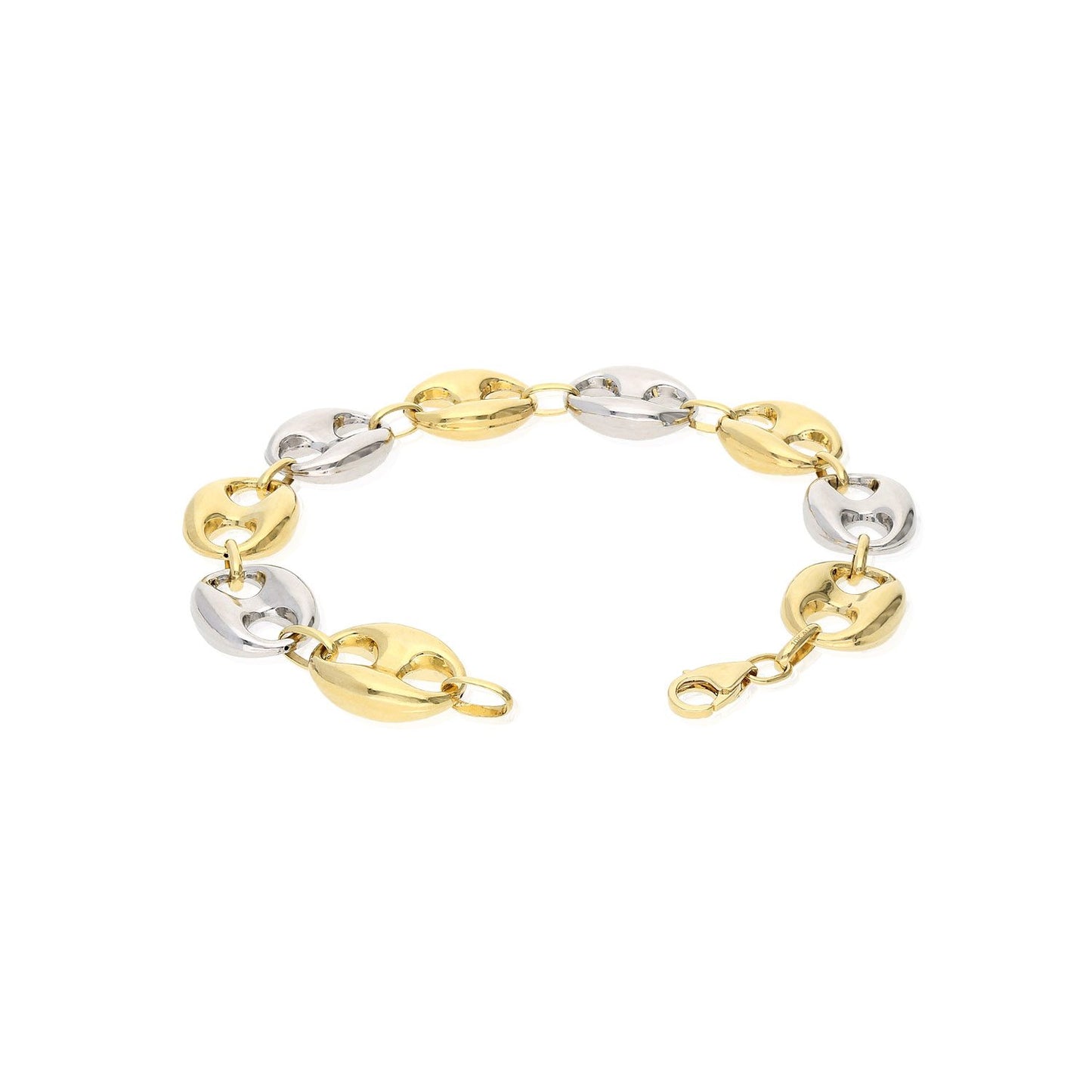 10K Yellow White Gold Two-Tone 15mm Puffed Anchor Mariner Bracelet 9″