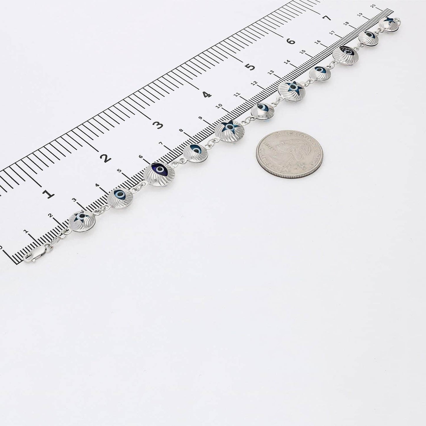 10K Gold White Diamond Cut Evil Eye Bracelet 7.5"