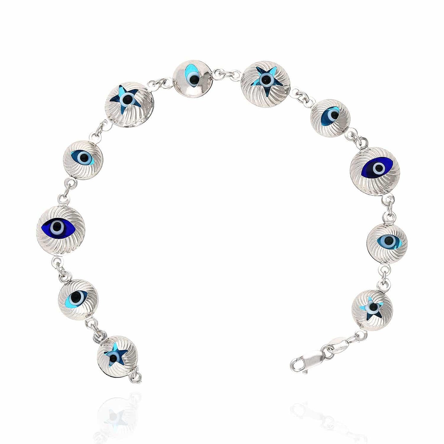 10K Gold White Diamond Cut Evil Eye Bracelet 7.5"