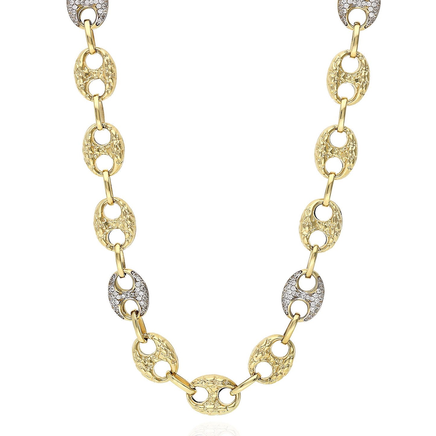 10K Yellow Gold CZ Puffed Mariner Anchor Nugget Chain 20"-24"