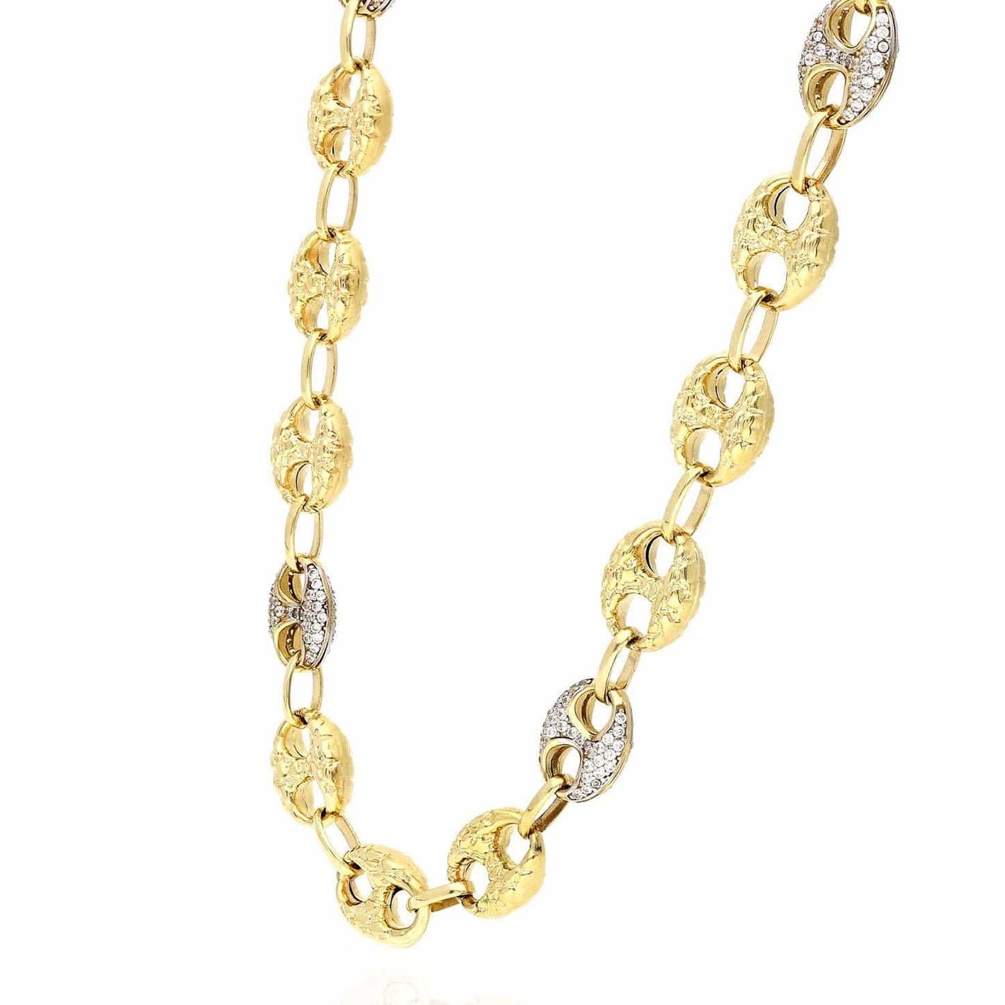10K Yellow Gold CZ Puffed Mariner Anchor Nugget Chain 20"-24"