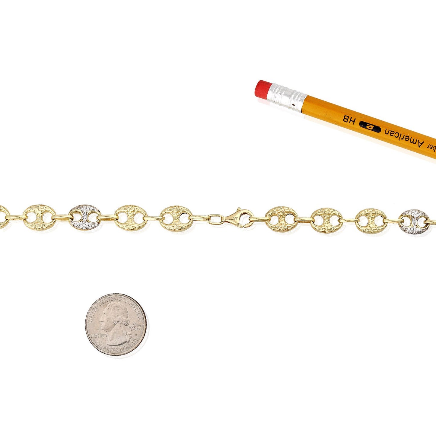 10K Yellow Gold CZ Puffed Mariner Anchor Nugget Chain 20"-24"